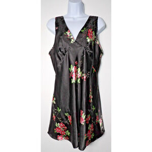 Jones New York Night Gown Large Satin Silky Floral Black Lace Short Chemise